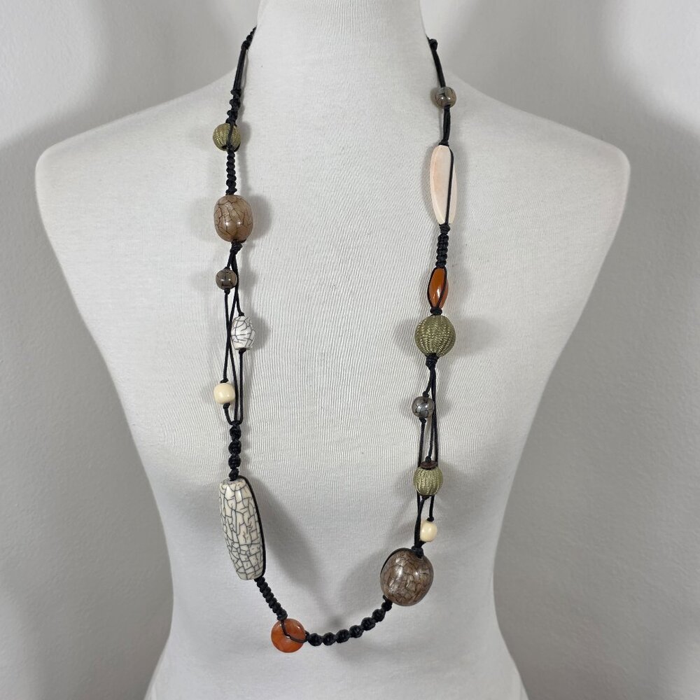 Handmade Boho Style Beaded Necklace Eclectic Mix of Beads on Long Knotted Cord